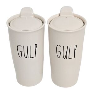 Rae Dunn "Gulp" Ivory Ceramic 12 oz Travel Coffee Tumbler (Set of 2)